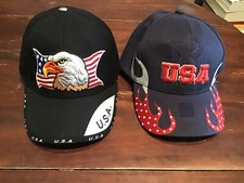Lot Of 2 USA American Flag Eagle Hat Stars-Stripes Cotton Baseball Caps