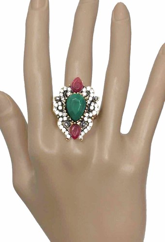 Turkish BOHO Bohemian Style Cocktail Ring, Green and Burgundy Acrylic Size 9 - Picture 3 of 3