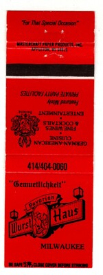 BAVARIAN WURST HAUS matchbook matchcover - MILWAUKEE, WISCONSIN