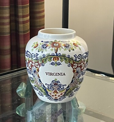 delft tobacco jar virginia Royal Goedewaagen Delft Polychrome Virginia Tobacco Jar Made in Holland  4.75