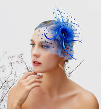 Royal Blue Feather Wedding Fascinator Hat Woman Headpiece Cocktail Tea Party