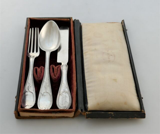 Newell Harding Boston Coin Silver Youth Fork Spoon Knife Set Original Box 1860!!