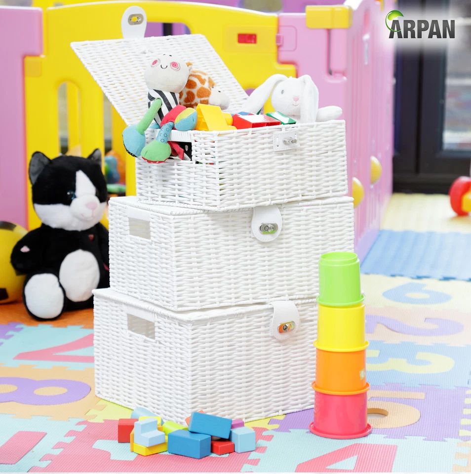 Storage hamper Basket Box Set of 3 White Resin Woven - Image 2 of 4