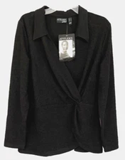 New Attitudes by Renee Textured Mock Wrap Shirt Sz L Black A384220 Women CB80O