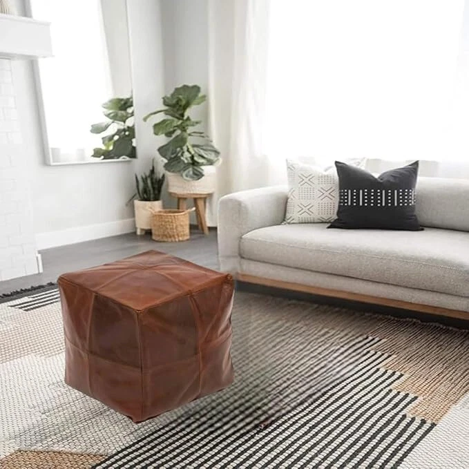 Marroquí Handmade Cuero Bohemio Puf Reposapiés Tostado Oscuro De Funda Almohadón - Imagen 2 de 4