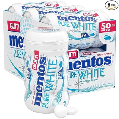 Mentos Pure White Sugar-Free Chewing Gum With Xylitol, 50Pc 6ct