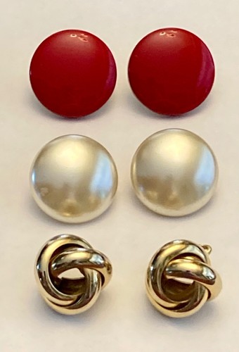 3 pair vintage clip on earrings red enamel pearlized and goldtone