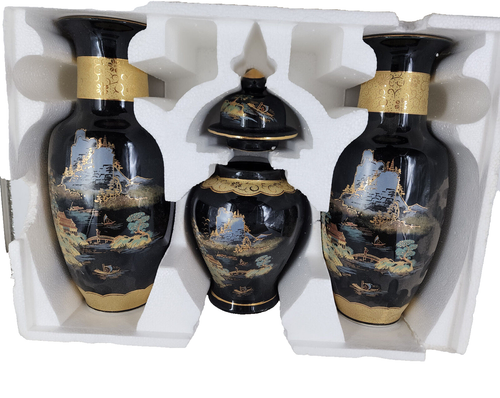 VTG Japanese 4-pc Hand painted Black/Gold 2 Vase, 1 Ginger Jar w/Lid~ Japan NIB