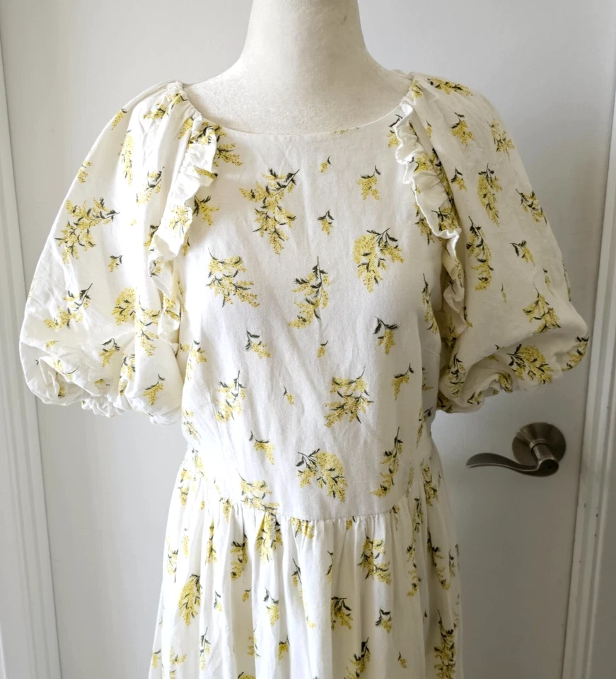 Maxi Vestido H&M DIVIDIDO Algodón Lino Mangas Abullonadas Estampado Floral Talla M Foto 3 de 4