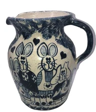 CMP  Cobalt Spongeware Pottery Vintage 1992 Large Bunny Rabbit Pitcher Nice