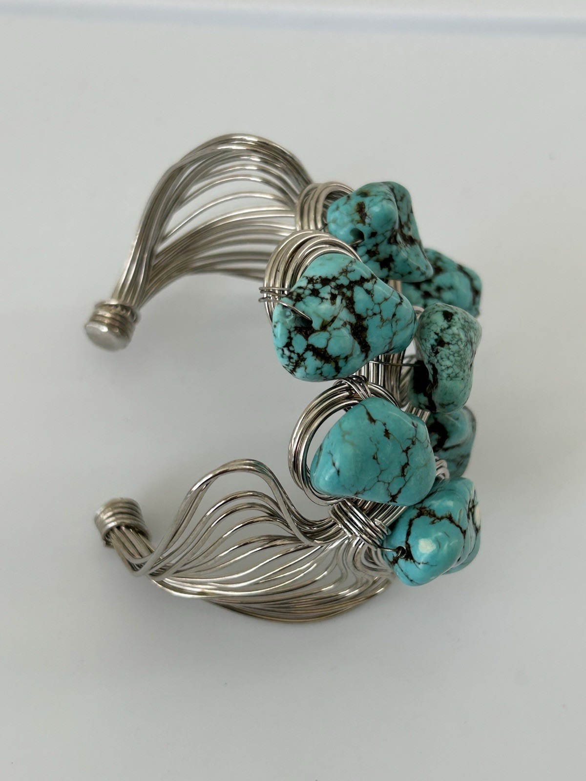 Statement Wire Cuff Bracelet Turquoise Nugget Sto… - image 3