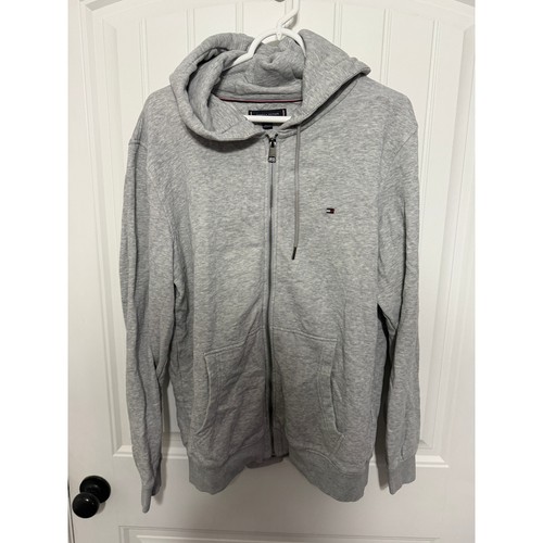 Tommy Hilfiger Hoodie Mens Large Full Zip Embroidered Logo Heather Gray EUC