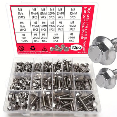 132pcs Stainless Steel Bolt & Nut Kit, M5, M6, M8 Metric Hex Screws 14 Sizes