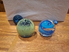 Vintage Art Glass Paperweights x 2 (1 x Mdina Sea And Sand & 1 with Blue Swirls)