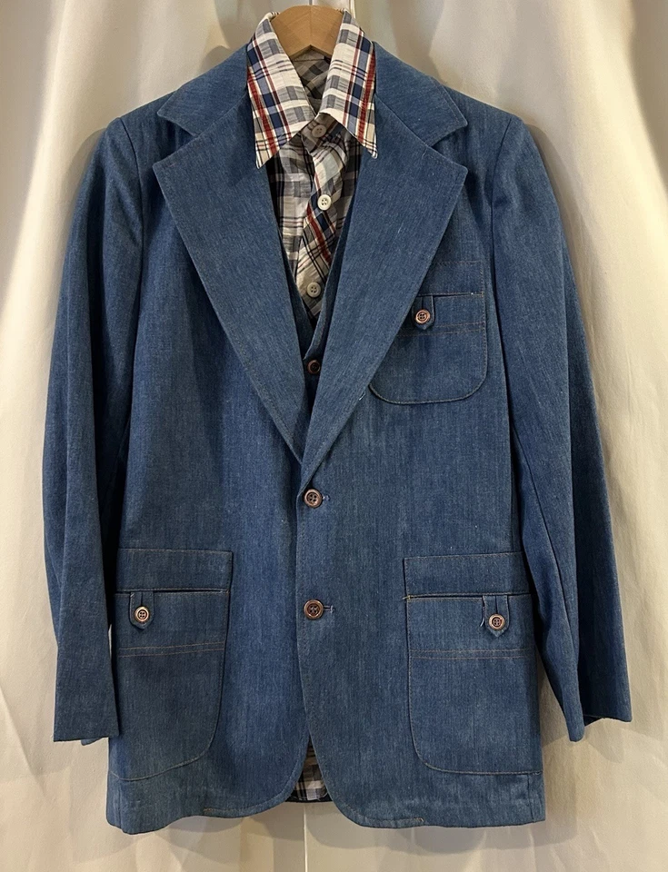 De Colección Sears Ropa Deportiva Denim 2 Botones Traje Chaqueta Deporte Abrigo Pantalones Chaleco Para Hombre 36R Foto 3 de 4
