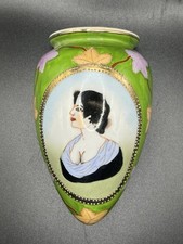 Vintage Handpainted Green & Gold Lady Cameo Wall Pocket - Japan - 6"
