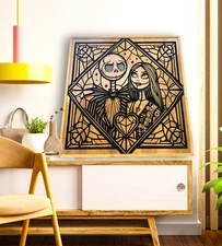 Nightmare Before Christmas Art- Wood Art- Jack and Sally Coffin - Tim Burton 