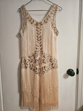 Gold Sequin Flapper Dress Tassel Fringe 1920s Jazz Partywear Stage Dance Small
