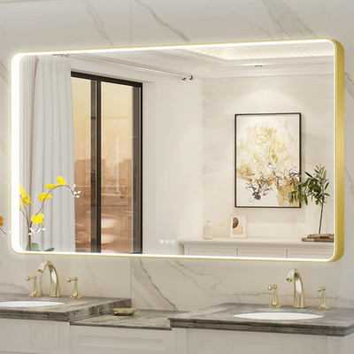 Gold Framed 60x36'' LED Bathroom Mirror with Anti-Fog & Dimmable Lighting