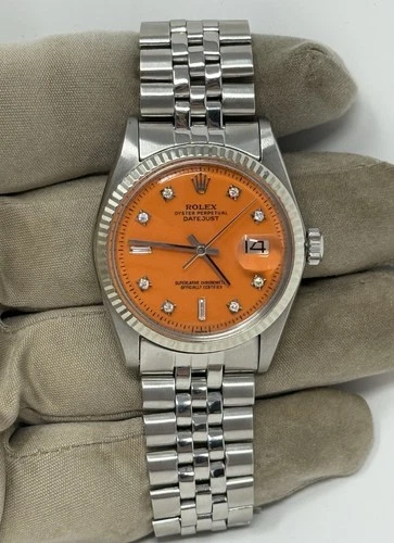 Rolex DateJust 36mm 1601 Silver Jubilee Bracelet Custom Orange Serti Dial Watch