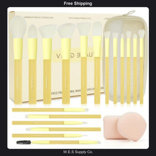 18 Piece Makeup Brush Set with Travel Bag and Sponges Yellow Handles