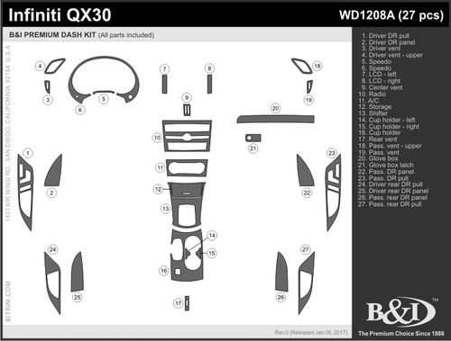 WOOD GRAIN DASH KIT FOR INFINITI QX30 2017-2018 27PCS - Picture 2 of 7