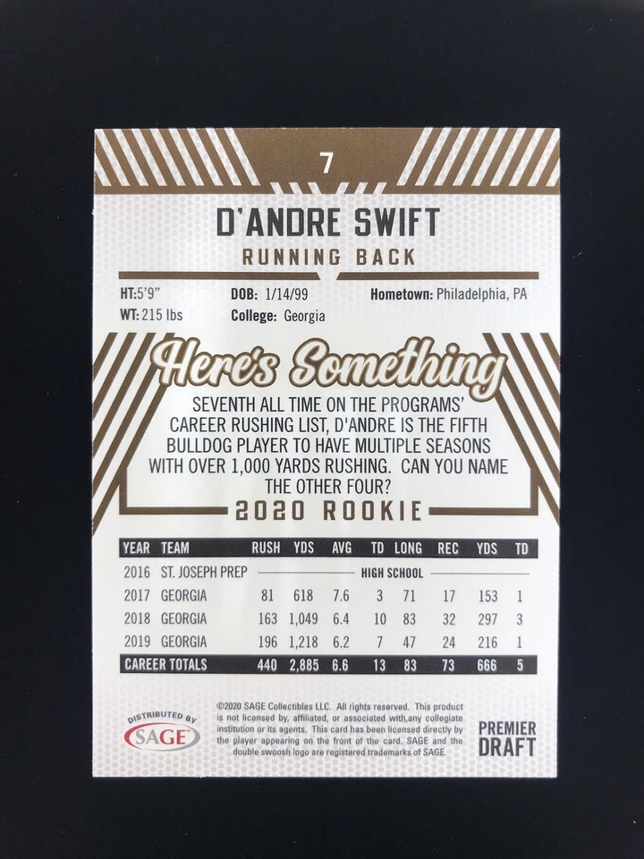 D’Andre Swift Rookie 2020 Sage Hit Premier Draft Next Level x4 #98 Lions UGA RC - Image 3 of 4