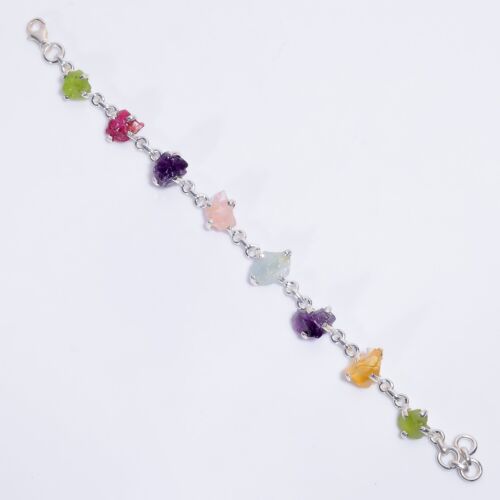 Natural Amethyst ~ Rose Quartz Rough Gemstone 925 Sterling Silver Women Bracelet - Picture 3 of 10