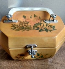 Vintage Wooden Purse Decoupage Octagon Lucite Handle Daisies Anton Pieck Style