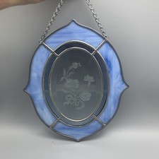 GENUINE LEADED STAINED GLASS OBLONG SUN-CATCHER ETCHED FLORAL BLUE CLEAR 11.5