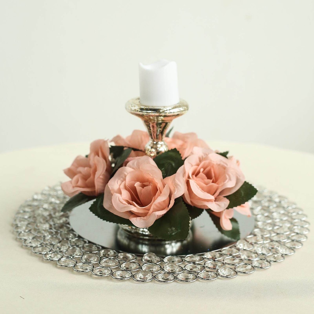 Dusty Rose CANDLE RINGS with SILK ROSES Wedding Flowers for
