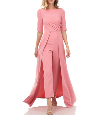 Kay Unger Natalie Elbow Sleeves Stretch Crepe Walk Thru Jumpsuit Champagne  Rose