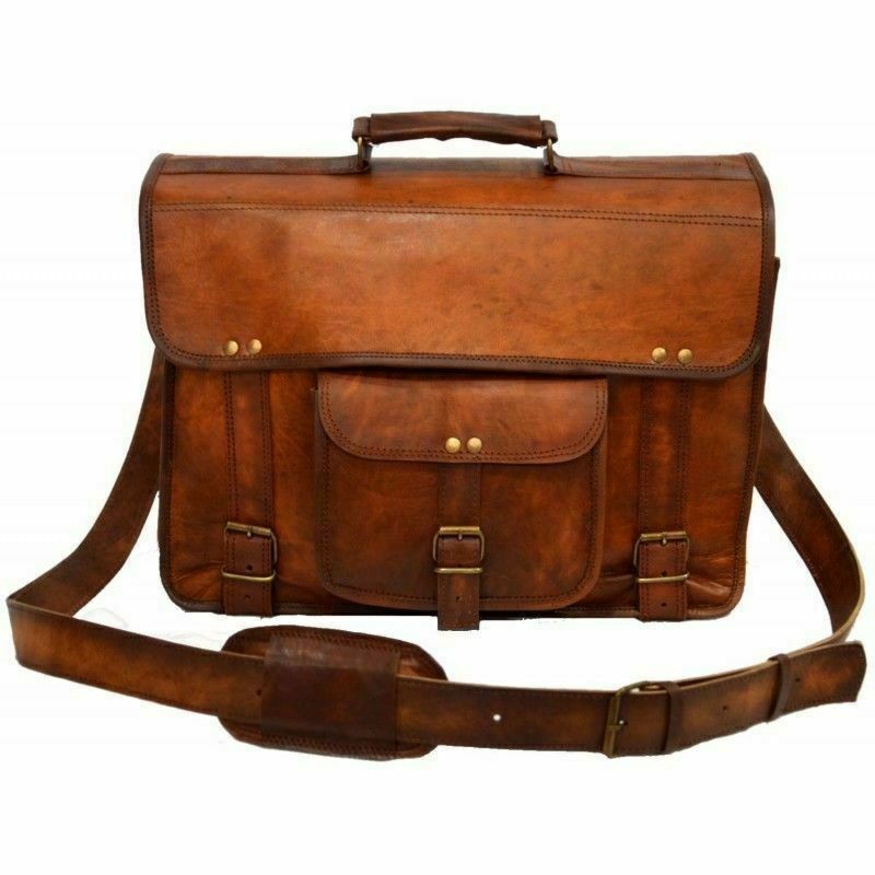 True Goat Leather Laptop Bag Briefcase Messenger Shoulder Vintage Brown New Real