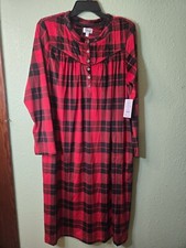 Aria Collections Long Sleeve Velour Night Gown Size Med Red/Black Plaid