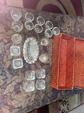 Vtg Mexico Salt Silver Cellars Tray, Spoons with Crystal/Glass Cellars with Case