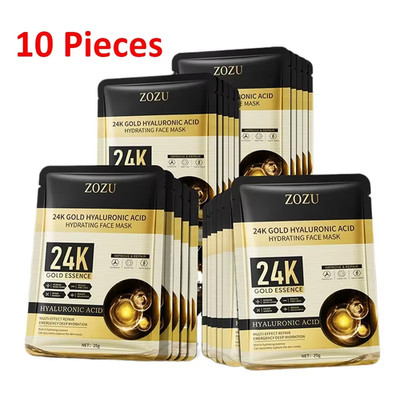 10 Pieces 24K Gold Hyaluronic Acid Moisturizing Facial Mask Whitening Mask for F
