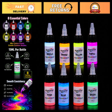 8 Color UV Tattoo Ink Set - Fluorescent Blacklight Ink, 0.5oz Bottles, Glow in D