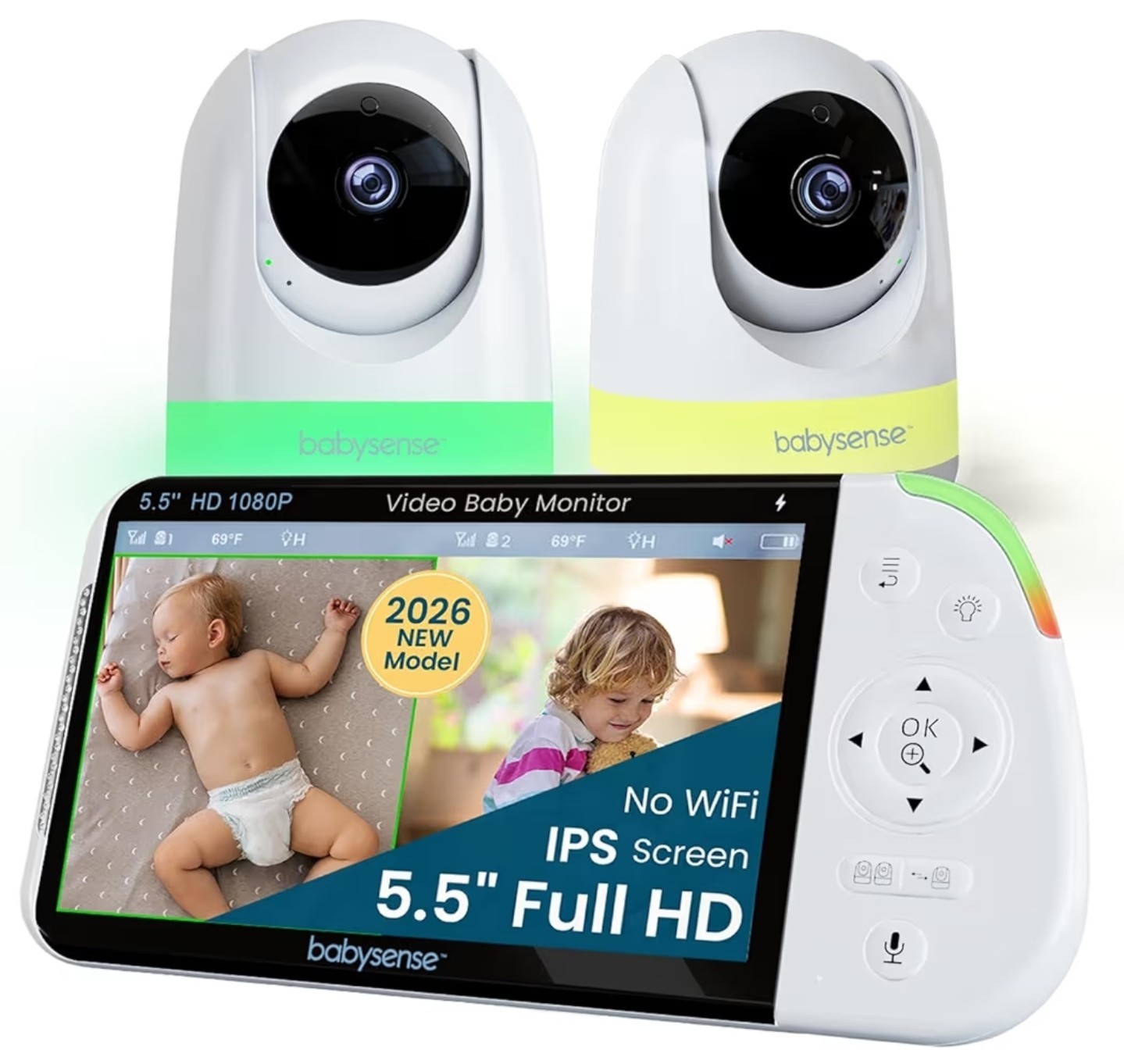 Babysense Full HD Split-Screen Baby Monitor with 2 PTZ Cameras Two-Way Talk UK
