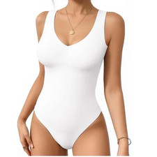 V-Neck Bodysuit M White Lined Adjustable Crotch Soft Stretch USA Seller NEW