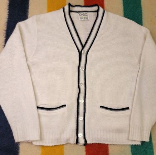 VTG 60s Kandahar Acrylic White Cardigan Sweater Pockets Mr. Rogers Sz Medium USA