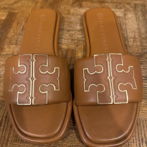Tory Burch Double T Sport Slide Sandals Bourbon Miele Gold  Size 8.5