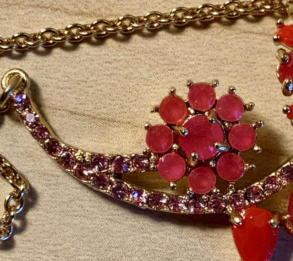 Kate Spade Red Sparkly Crystal Flower W/Pink Crystal Leaf Gold Tone 16”Necklace - Image 4 of 4