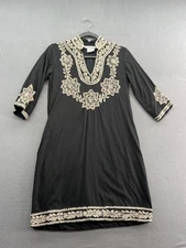 Gretchen Scott Designs Tunic Dress Womens XS Black Embroidered Kurta 3/4 Sleeve