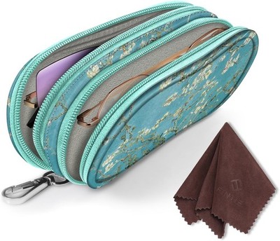 Double Eyeglasses Case Soft Portable Zipper Sunglasses Pouch with Carabiner Clip