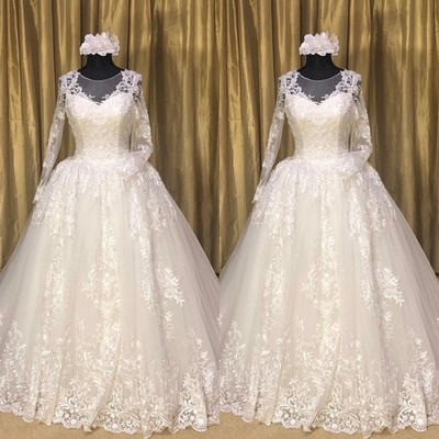 Luxury Wedding Dresses Lace Flower Appliques Scoop Neck Long Sleeve Bridal Gowns