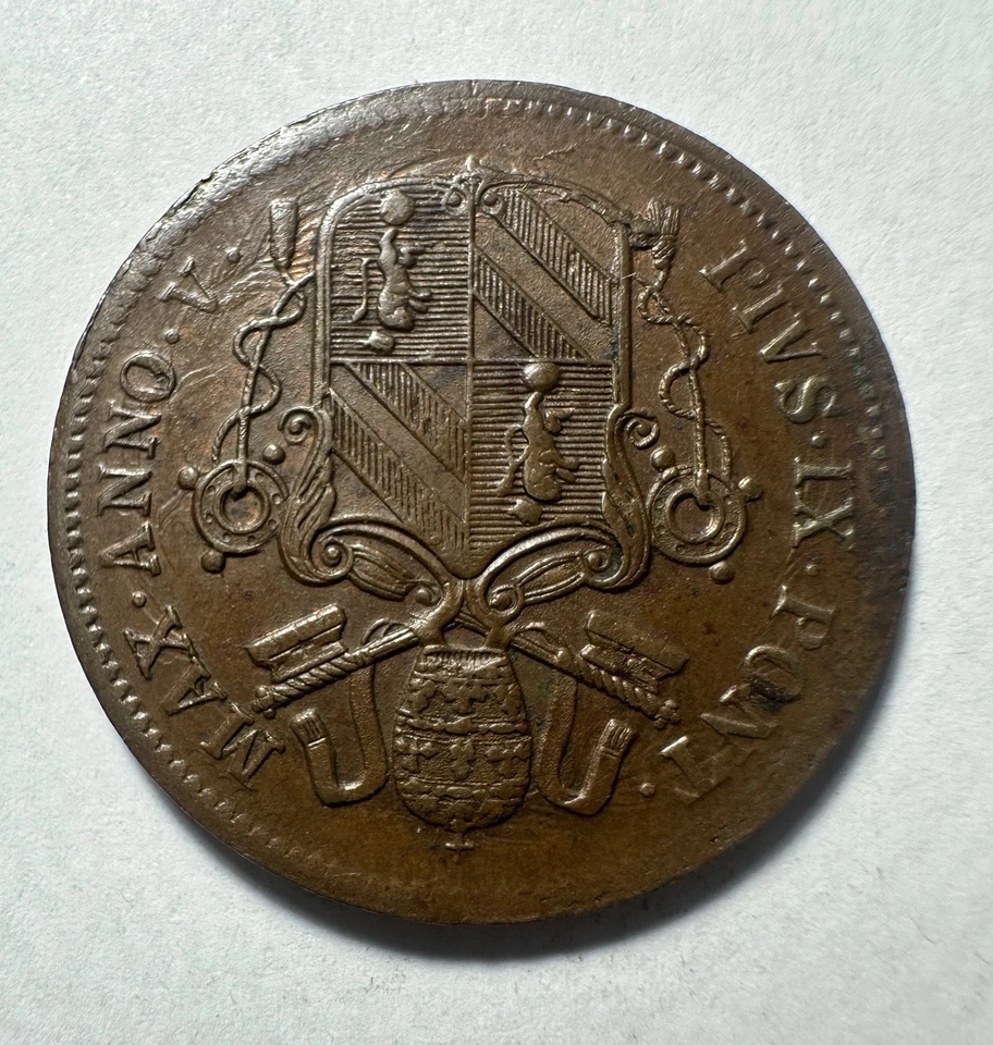 1850 R Italy PAPAL STATES 1 Baiocco Copper Beautiful Coin - Image 2 of 2