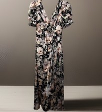 Boohoo Satin Floral Occasion Dress Maxi V Neck Women’s Size 8 Southern Elegance
