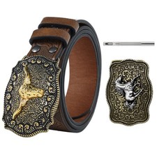 Cowboy Belt Floral Embossed Leather Removable Mustang Turquoise Buckle 28" - 40"
