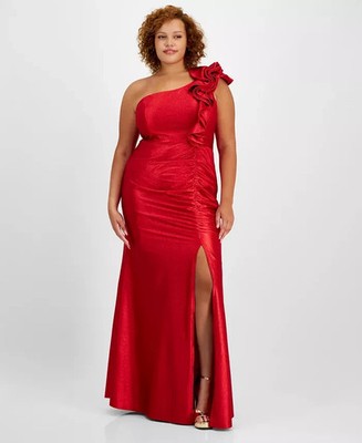 Emerald Sundae Trendy Plus Size Ruffle-Shoulder Gown Junior's 14 Red Back Zip