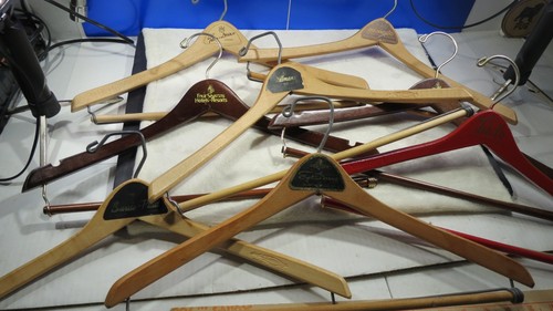 Vintage Wooden Hotel Advertising Clothes/Suit Hangers - Lot of 8 Different
